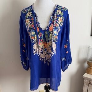 Johnny Was Taifa Blouse XXL Royal Blue Embroidered V-Neck Tunic